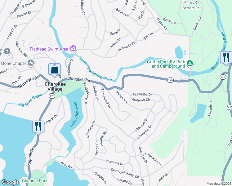 map of restaurants, bars, coffee shops, grocery stores, and more near 4 Indian Avenue in Cherokee Village