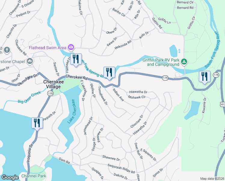 map of restaurants, bars, coffee shops, grocery stores, and more near 4 Indian Avenue in Cherokee Village
