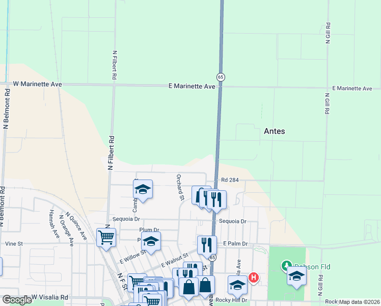map of restaurants, bars, coffee shops, grocery stores, and more near 1329 North Kaweah Avenue in Exeter