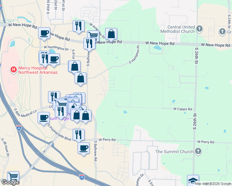 map of restaurants, bars, coffee shops, grocery stores, and more near 3045 West Green Acres in Springdale