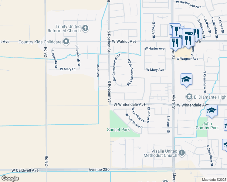 map of restaurants, bars, coffee shops, grocery stores, and more near 6028 West Evergreen Avenue in Visalia