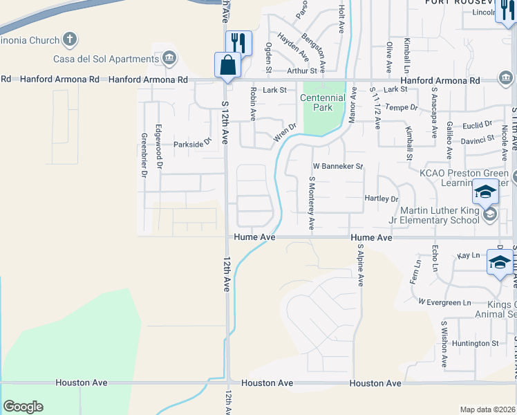 map of restaurants, bars, coffee shops, grocery stores, and more near 1579 Hartley Drive in Hanford