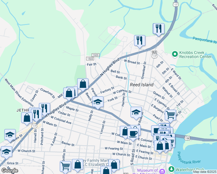map of restaurants, bars, coffee shops, grocery stores, and more near 608 Factory Street in Elizabeth City