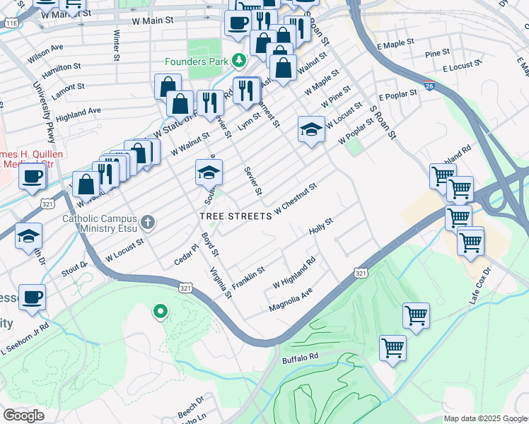 map of restaurants, bars, coffee shops, grocery stores, and more near 501 West Poplar Street in Johnson City