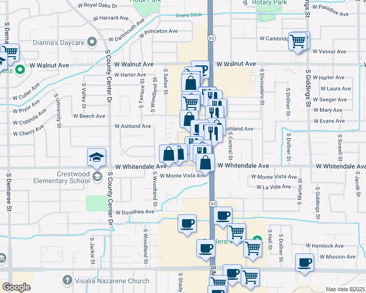 map of restaurants, bars, coffee shops, grocery stores, and more near 2350 West Whitendale Avenue in Visalia