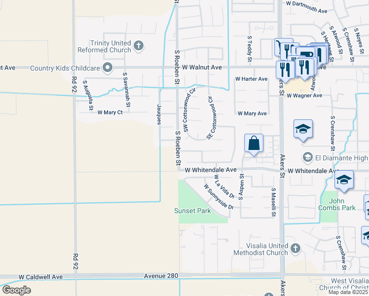 map of restaurants, bars, coffee shops, grocery stores, and more near 6028 West Evergreen Avenue in Visalia