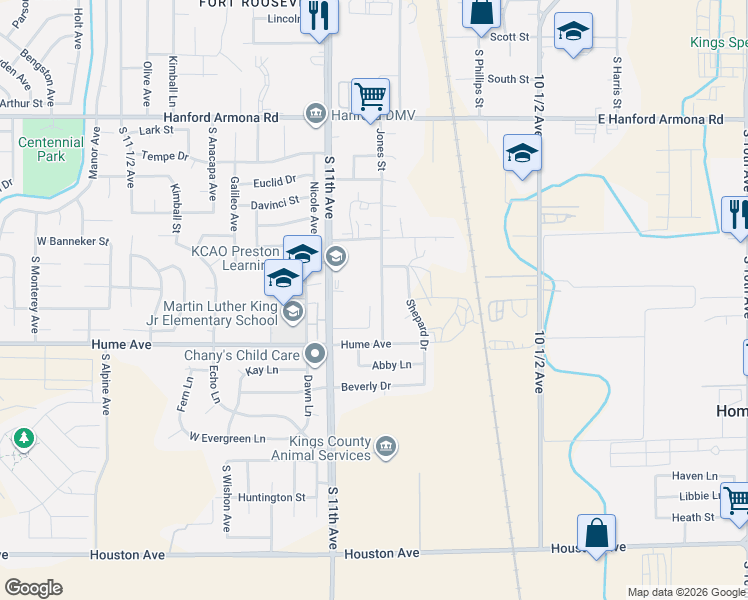 map of restaurants, bars, coffee shops, grocery stores, and more near 11435 11th Avenue in Hanford