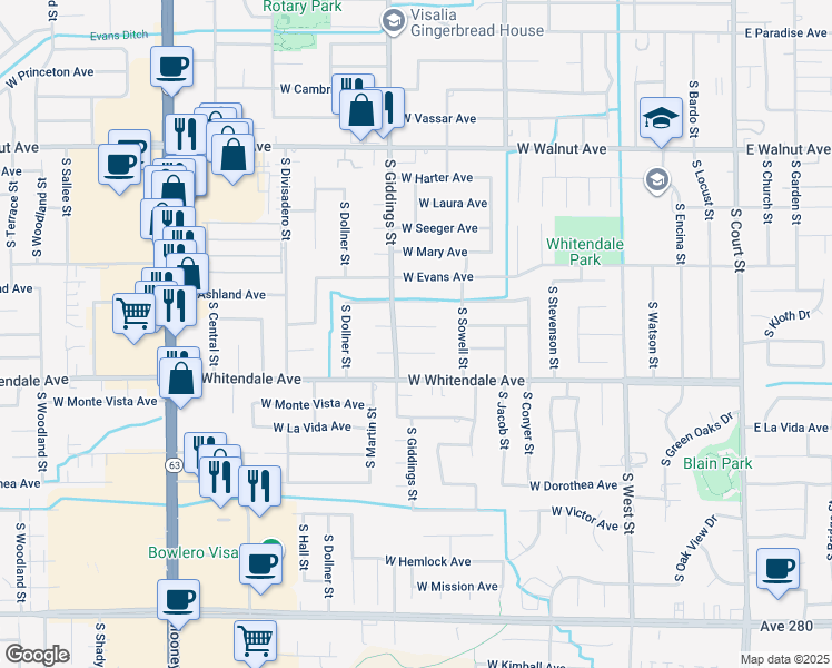 map of restaurants, bars, coffee shops, grocery stores, and more near 1209 West Cherry Court in Visalia