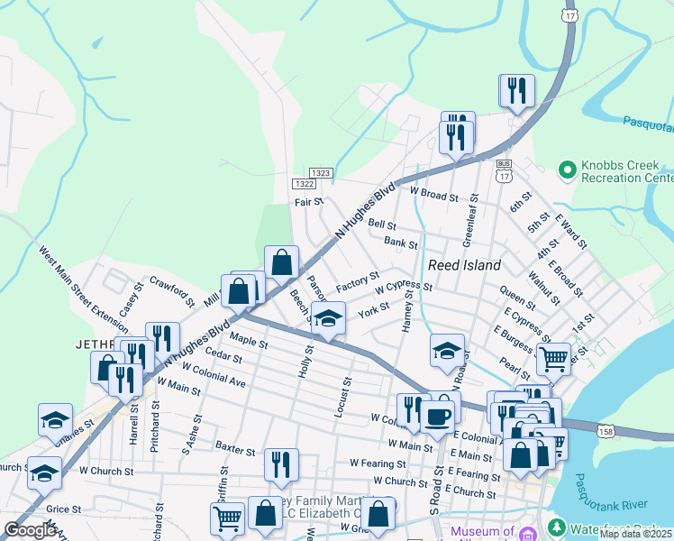 map of restaurants, bars, coffee shops, grocery stores, and more near 705 Anderson Street in Elizabeth City