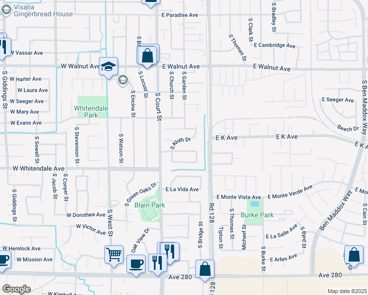 map of restaurants, bars, coffee shops, grocery stores, and more near 248 East Evergreen Avenue in Visalia