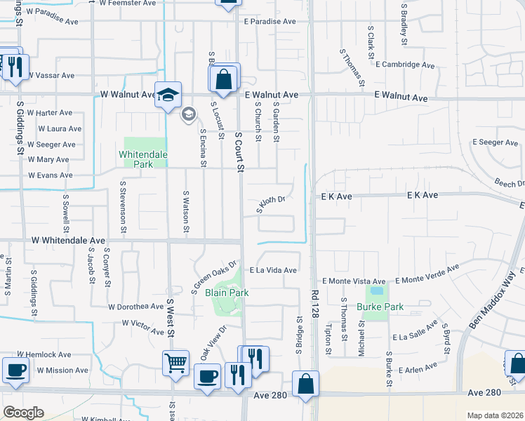 map of restaurants, bars, coffee shops, grocery stores, and more near 2630 South Kloth Drive in Visalia