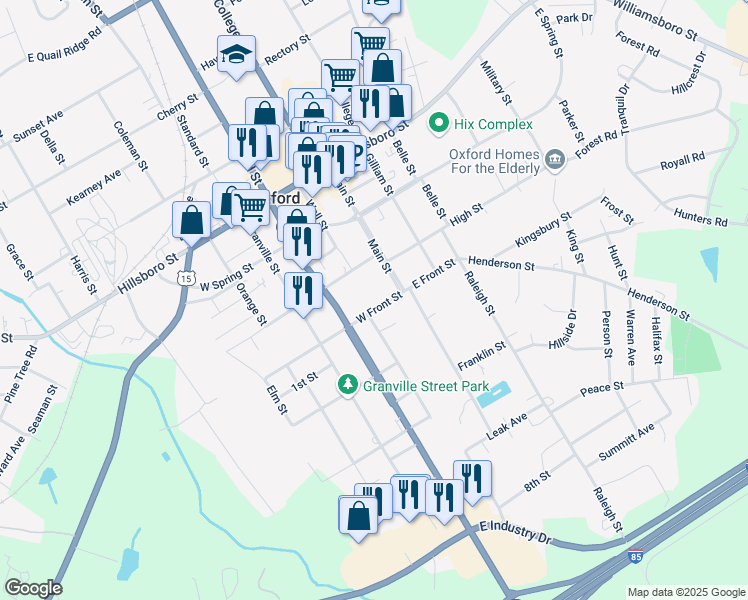 map of restaurants, bars, coffee shops, grocery stores, and more near 110 West Front Street in Oxford