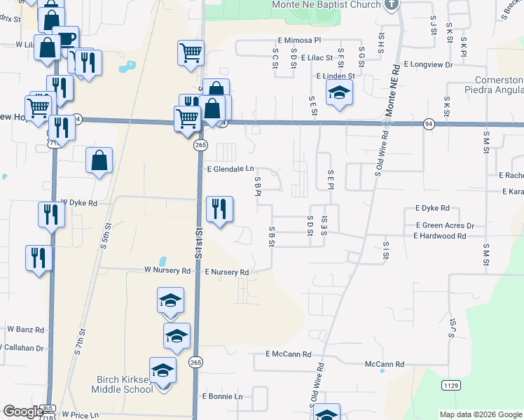 map of restaurants, bars, coffee shops, grocery stores, and more near 2018 East Dyke Road in Rogers