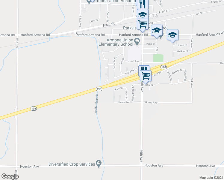 map of restaurants, bars, coffee shops, grocery stores, and more near 11396 Redwood Street in Armona
