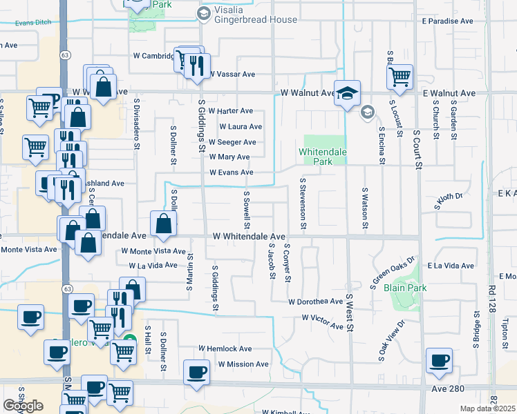 map of restaurants, bars, coffee shops, grocery stores, and more near 1003 West Cherry Avenue in Visalia