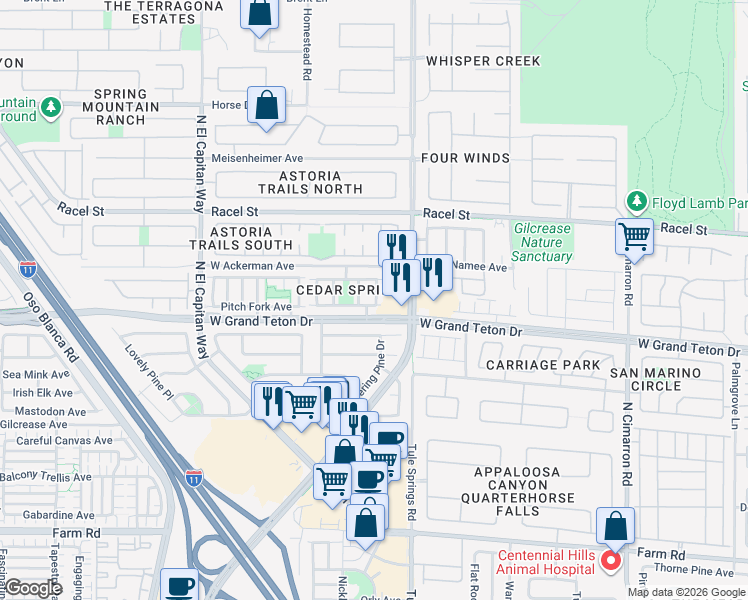 map of restaurants, bars, coffee shops, grocery stores, and more near 8025 Dancing Springs Street in Las Vegas