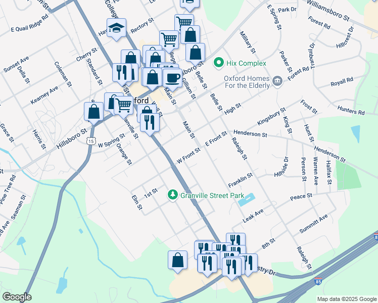 map of restaurants, bars, coffee shops, grocery stores, and more near 110 West Front Street in Oxford