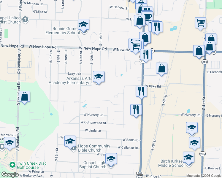 map of restaurants, bars, coffee shops, grocery stores, and more near 901-905 Green Acres Drive in Rogers
