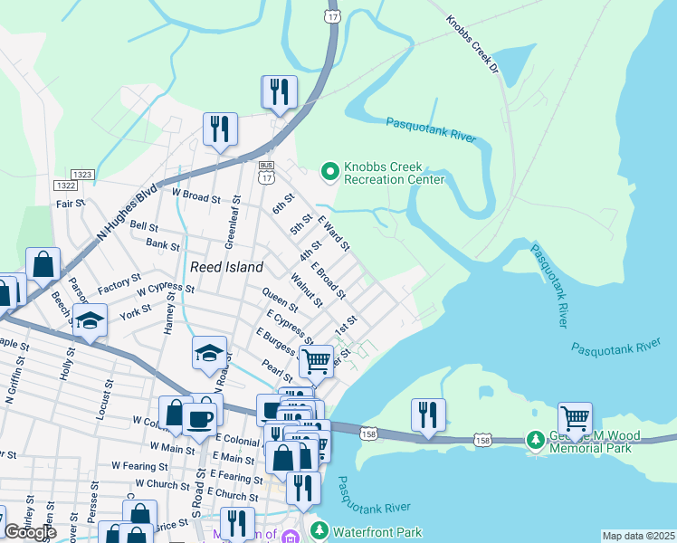 map of restaurants, bars, coffee shops, grocery stores, and more near 906 3rd Street in Elizabeth City