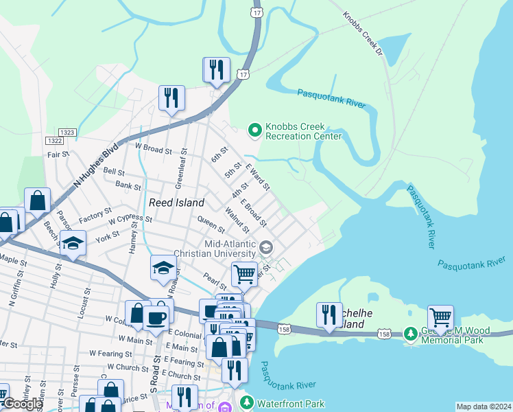 map of restaurants, bars, coffee shops, grocery stores, and more near 224 East Broad Street in Elizabeth City