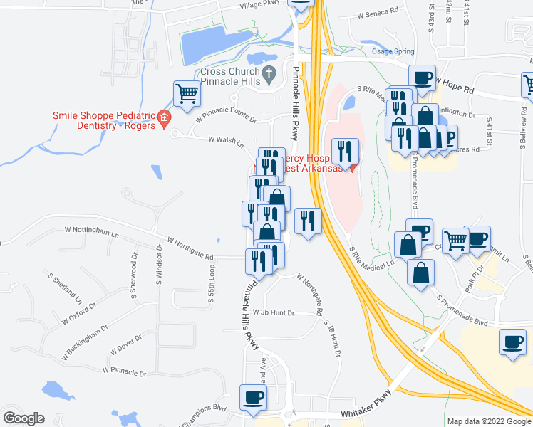 map of restaurants, bars, coffee shops, grocery stores, and more near 3201 South Market Street in Rogers