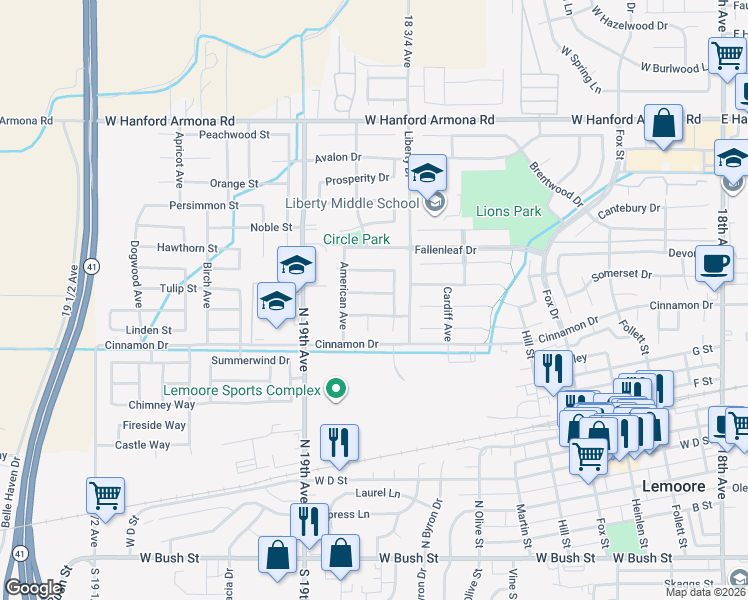 map of restaurants, bars, coffee shops, grocery stores, and more near 1023 Revere Way in Lemoore