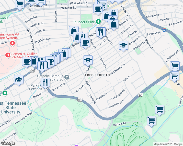 map of restaurants, bars, coffee shops, grocery stores, and more near 1011 Southwest Avenue in Johnson City