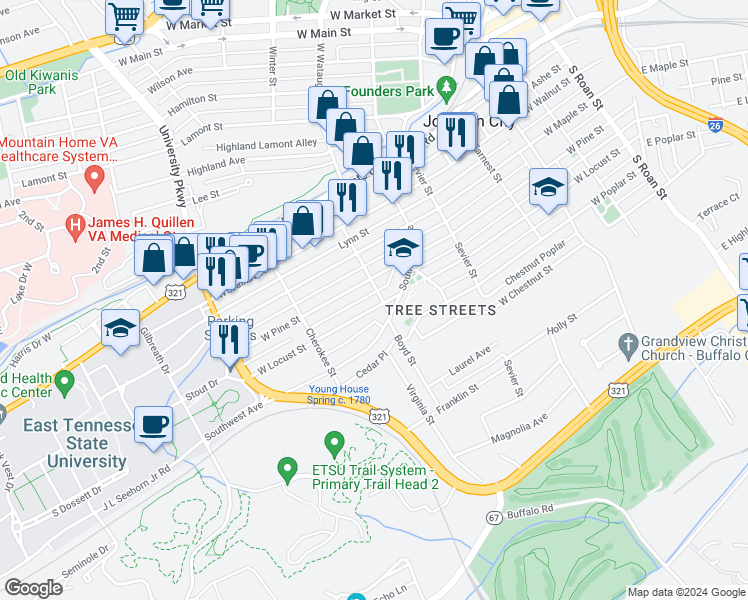 map of restaurants, bars, coffee shops, grocery stores, and more near 700 West Locust Street in Johnson City