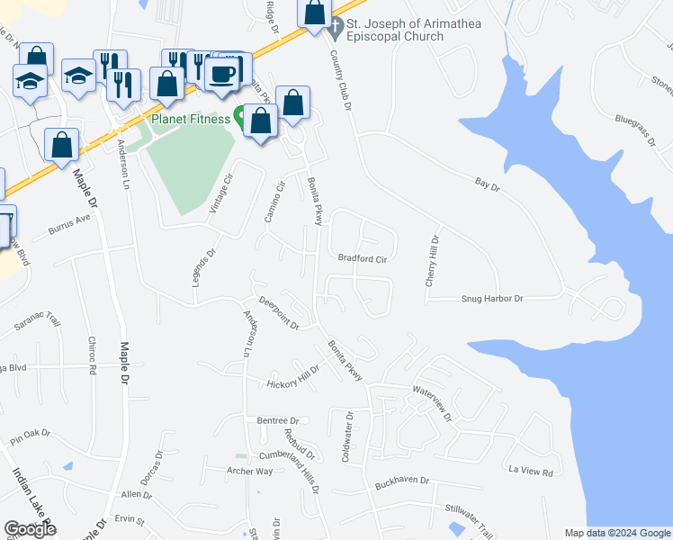 map of restaurants, bars, coffee shops, grocery stores, and more near 113 Northlake Drive in Hendersonville