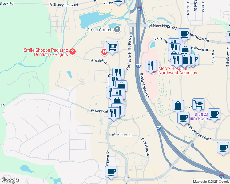 map of restaurants, bars, coffee shops, grocery stores, and more near 3100 South Market Street in Rogers