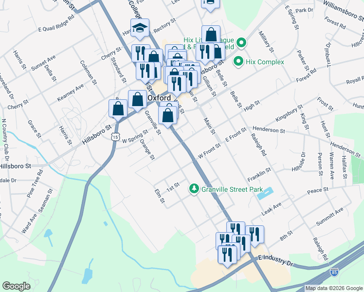 map of restaurants, bars, coffee shops, grocery stores, and more near 204 Sycamore Street in Oxford