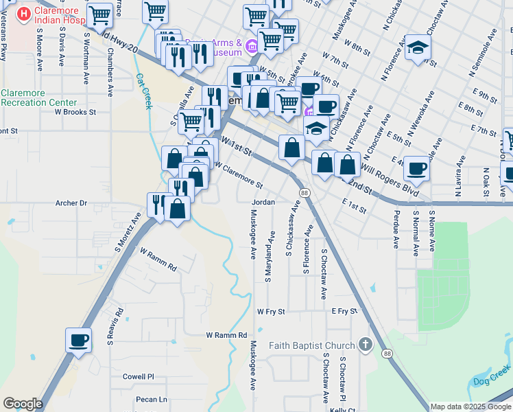map of restaurants, bars, coffee shops, grocery stores, and more near 221 Jordan in Claremore