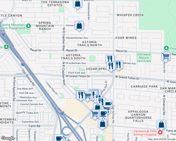 map of restaurants, bars, coffee shops, grocery stores, and more near 8020 North Copperhead Creek Street in Las Vegas