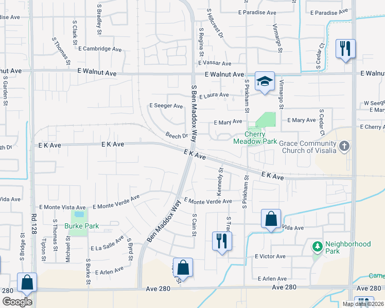 map of restaurants, bars, coffee shops, grocery stores, and more near 2600 Ben Maddox Way in Visalia