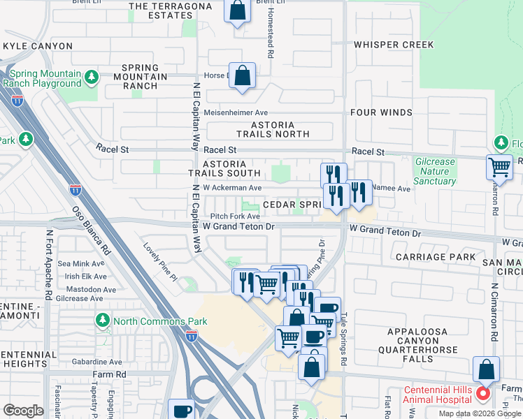 map of restaurants, bars, coffee shops, grocery stores, and more near 8021 North Copperhead Creek Street in Las Vegas