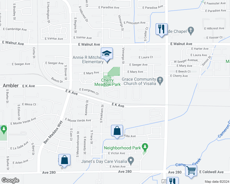 map of restaurants, bars, coffee shops, grocery stores, and more near 2301 East Evergreen Avenue in Visalia