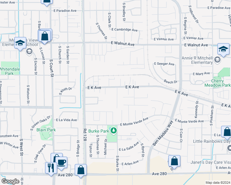 map of restaurants, bars, coffee shops, grocery stores, and more near 2543 South Burke Street in Visalia