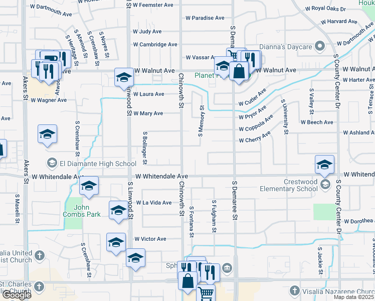 map of restaurants, bars, coffee shops, grocery stores, and more near 4031 West Cherry Avenue in Visalia