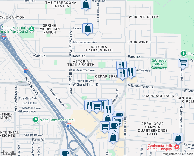 map of restaurants, bars, coffee shops, grocery stores, and more near 8032 North Gobbler Grove Street in Las Vegas