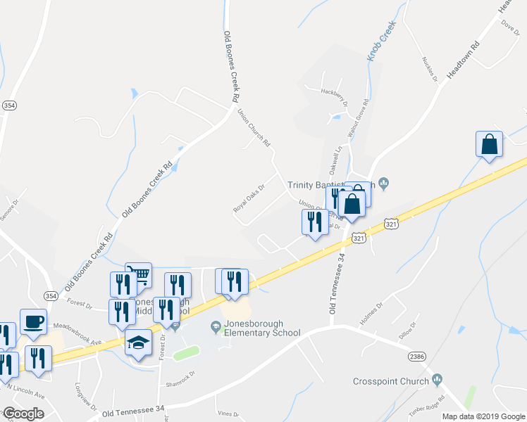 map of restaurants, bars, coffee shops, grocery stores, and more near 186 Royal Oaks Drive in Jonesborough