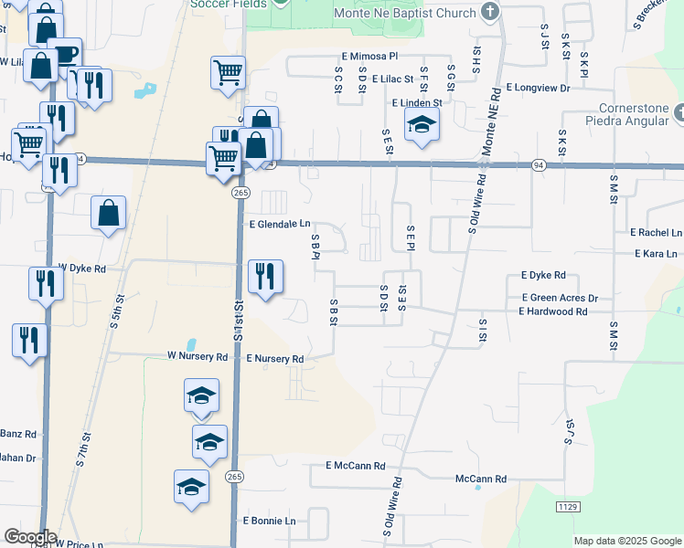 map of restaurants, bars, coffee shops, grocery stores, and more near 2018 East Dyke Road in Rogers