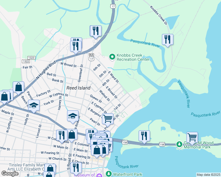 map of restaurants, bars, coffee shops, grocery stores, and more near 224 East Broad Street in Elizabeth City