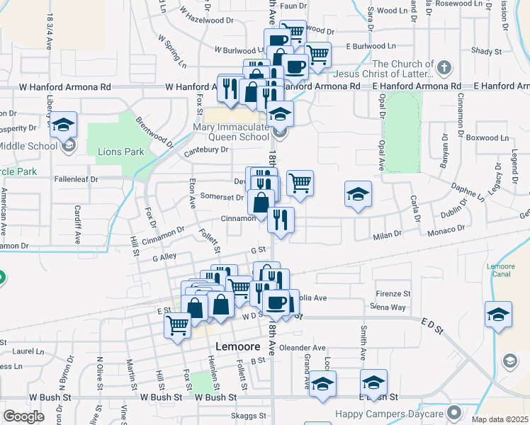 map of restaurants, bars, coffee shops, grocery stores, and more near 885 North Lemoore Avenue in Lemoore