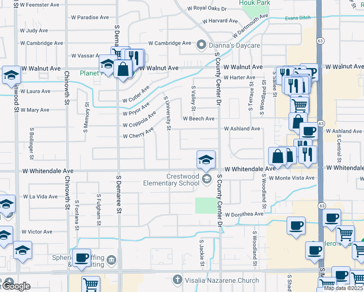 map of restaurants, bars, coffee shops, grocery stores, and more near 3144 West Evergreen Avenue in Visalia