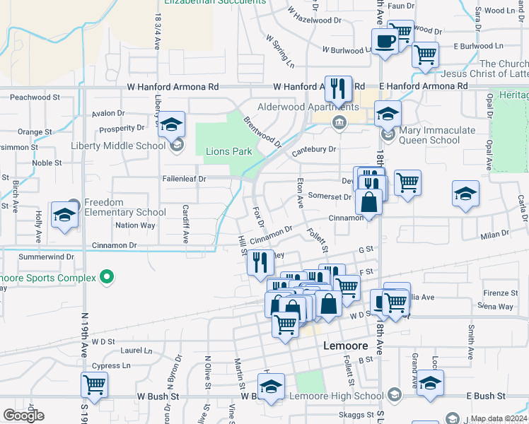 map of restaurants, bars, coffee shops, grocery stores, and more near 805 Wildwood Drive in Lemoore