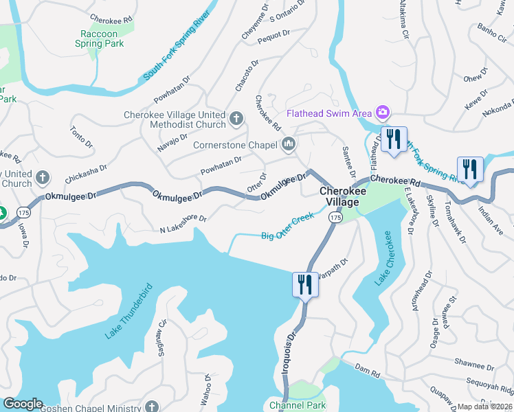 map of restaurants, bars, coffee shops, grocery stores, and more near 18 North Lakeshore Trce in Cherokee Village