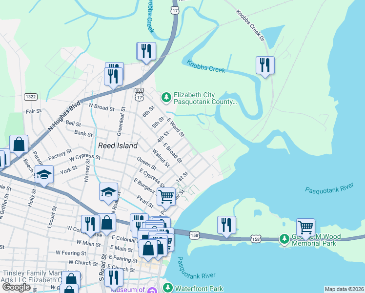 map of restaurants, bars, coffee shops, grocery stores, and more near 916 3rd Street in Elizabeth City