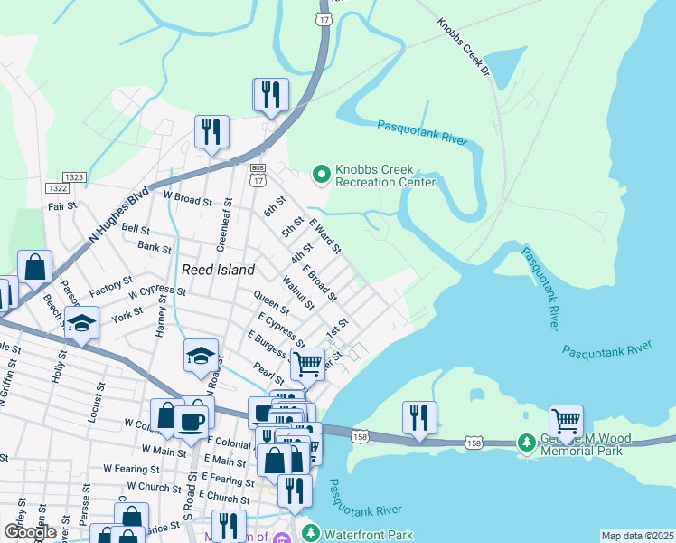 map of restaurants, bars, coffee shops, grocery stores, and more near 909 Chesson Street in Elizabeth City