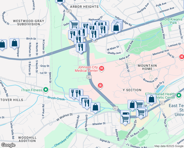 map of restaurants, bars, coffee shops, grocery stores, and more near 400 North State of Franklin Road in Johnson City