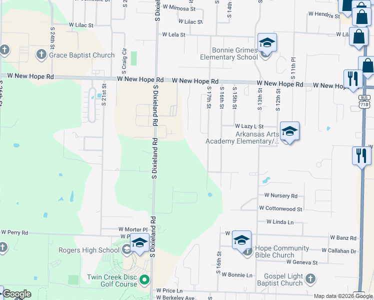 map of restaurants, bars, coffee shops, grocery stores, and more near 2004 South 17th Street in Rogers